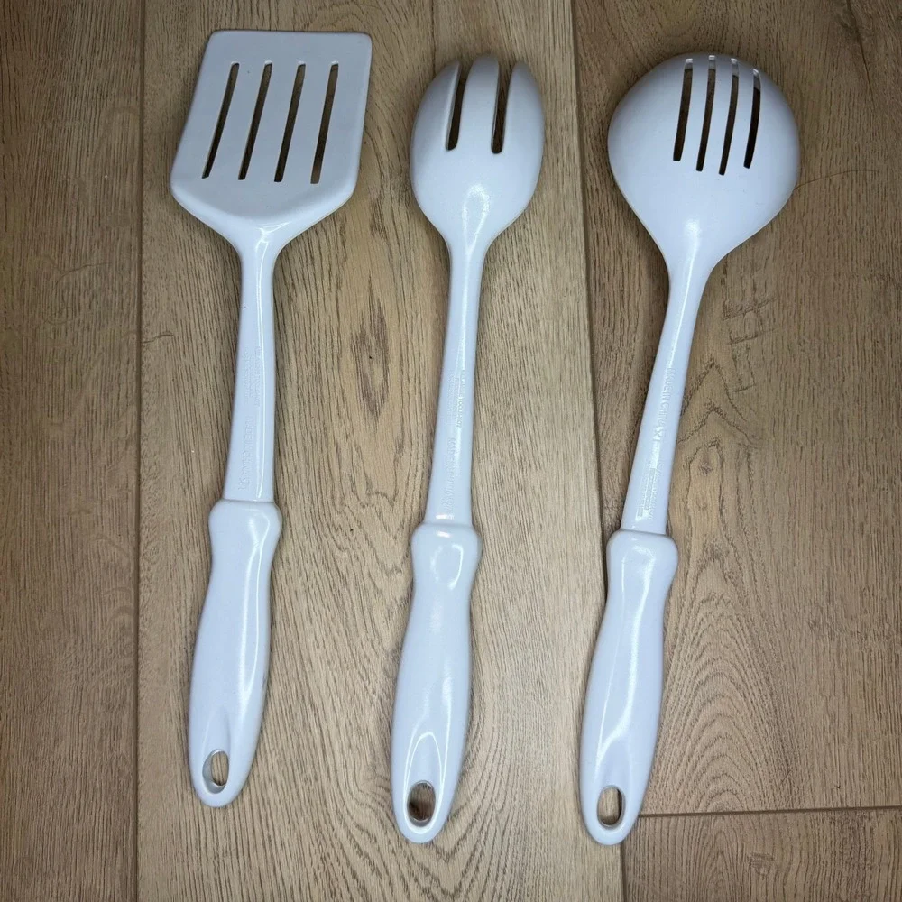 Vtg White‎ Melamine Kitchen Utensil Set Slotted Spoon Spatula Serving Fork 3pc